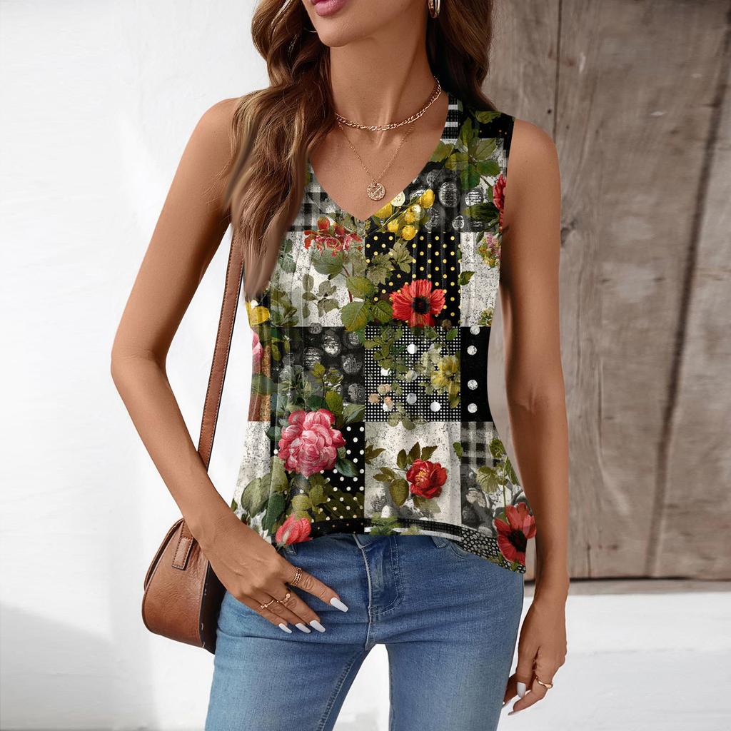 Women’s Loose Fit V Neck Sleeveless Top with Pleated Front and Floral Print Lightweight Casual Tank Blouse