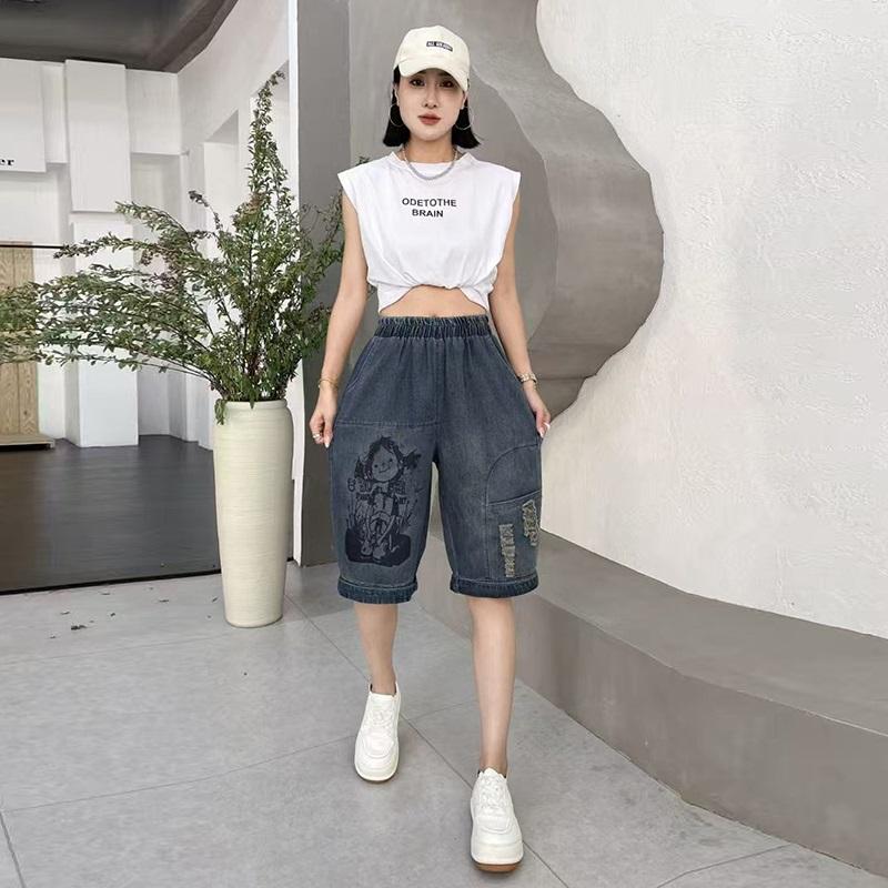 Plus Size Thin Vintage Ripped High Waist Casual Loose Women Summer Half Jeans Denim Harem Pants