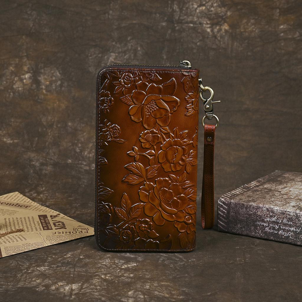 Vintage New Flower and Plant Embossed Long Leather Wallet Handbag Women's Head Layer Leather Leather