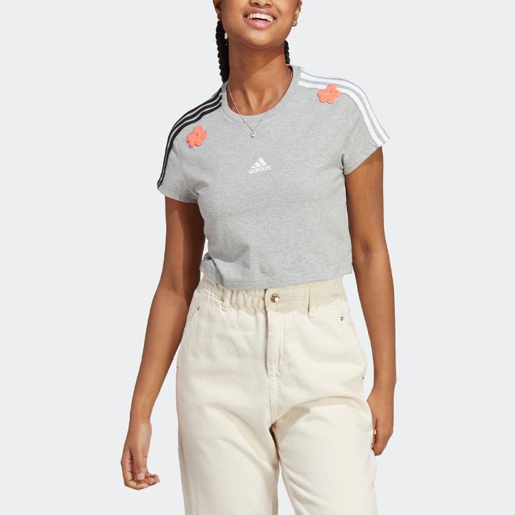 Adidas Chenille Flower Patches Logo Striped Print Crew Neck Short Sleeve T-Shirt Women Tops Medium-Hemp-Gray IC0027