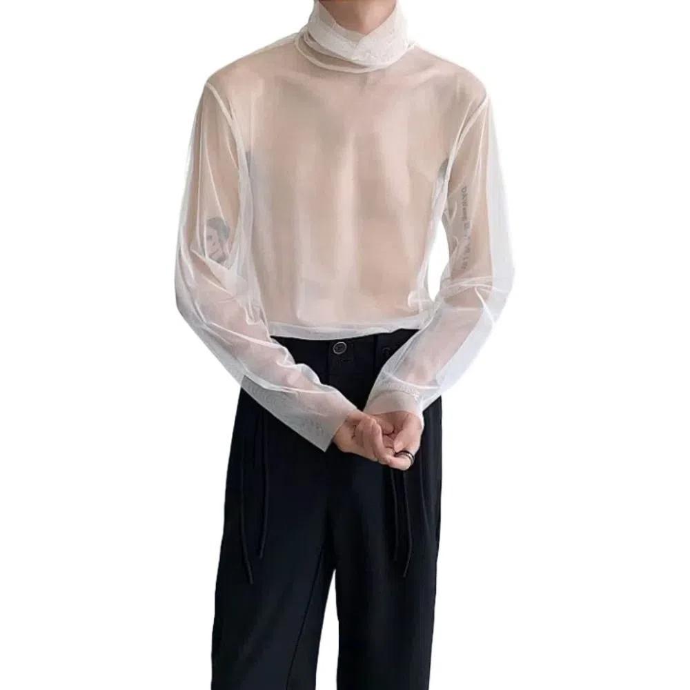 Streetwear Transparent T-shirt See-through Mesh Top Men Creative Long Sleeve T-shirt  Home