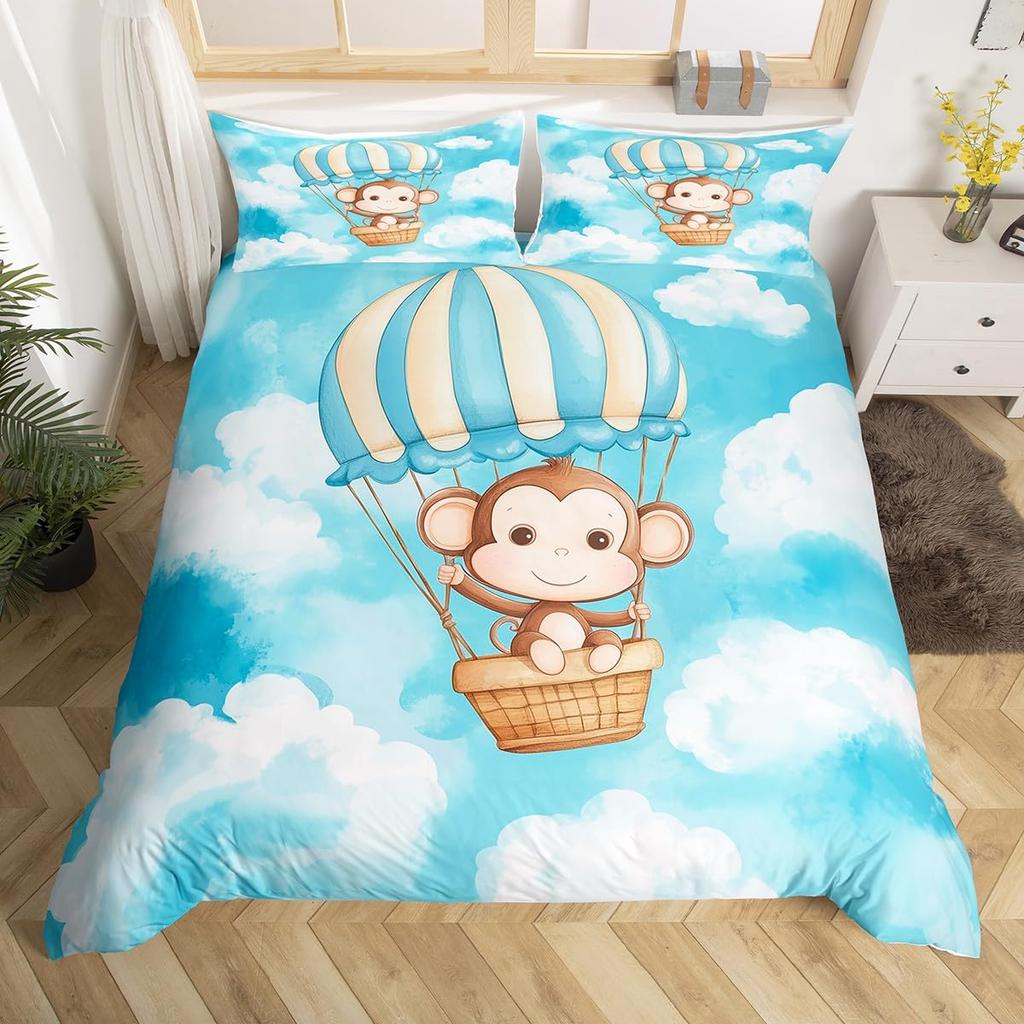 Monkey Queen Full Twin Comforter Cover, Kawaii Animal Monkey Duvet Cover Branches Leaves Bedding Set For Kids Girls Teens Adult