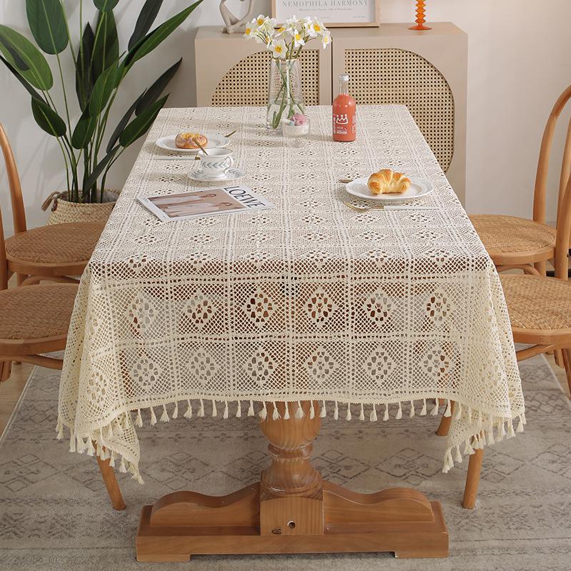 American Retro Beige Crochet Tablecloth - Knitted Non-Slip Hollow Design