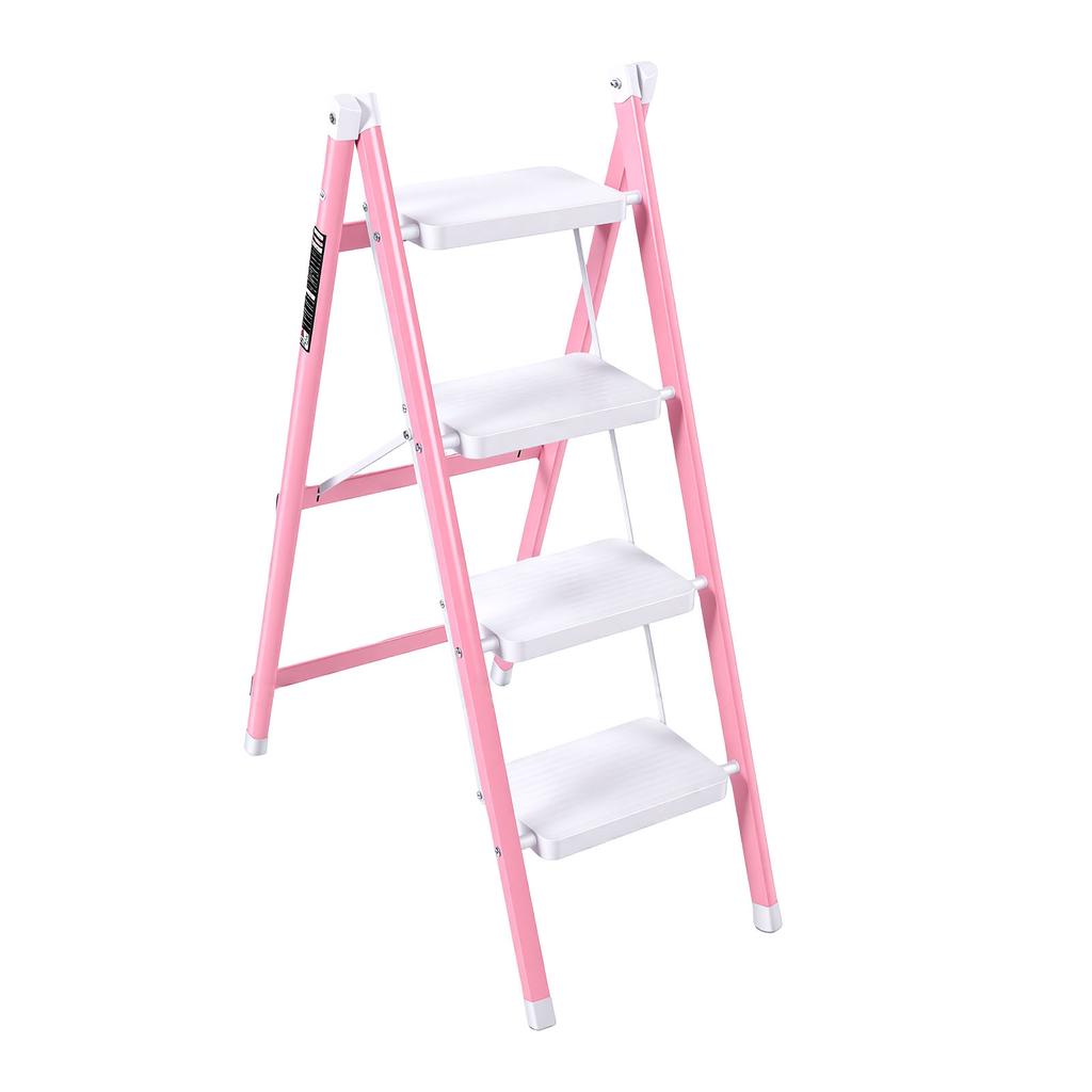 4 Step Ladder Non Slip Folding Step Stool Ladder Thickened Flower Stand for Kitchen Bedroom Office Pinkish White