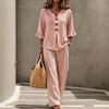 1116 European and American women's new casual button V-neck ruffle edge seven-quarter sleeve top and trousers