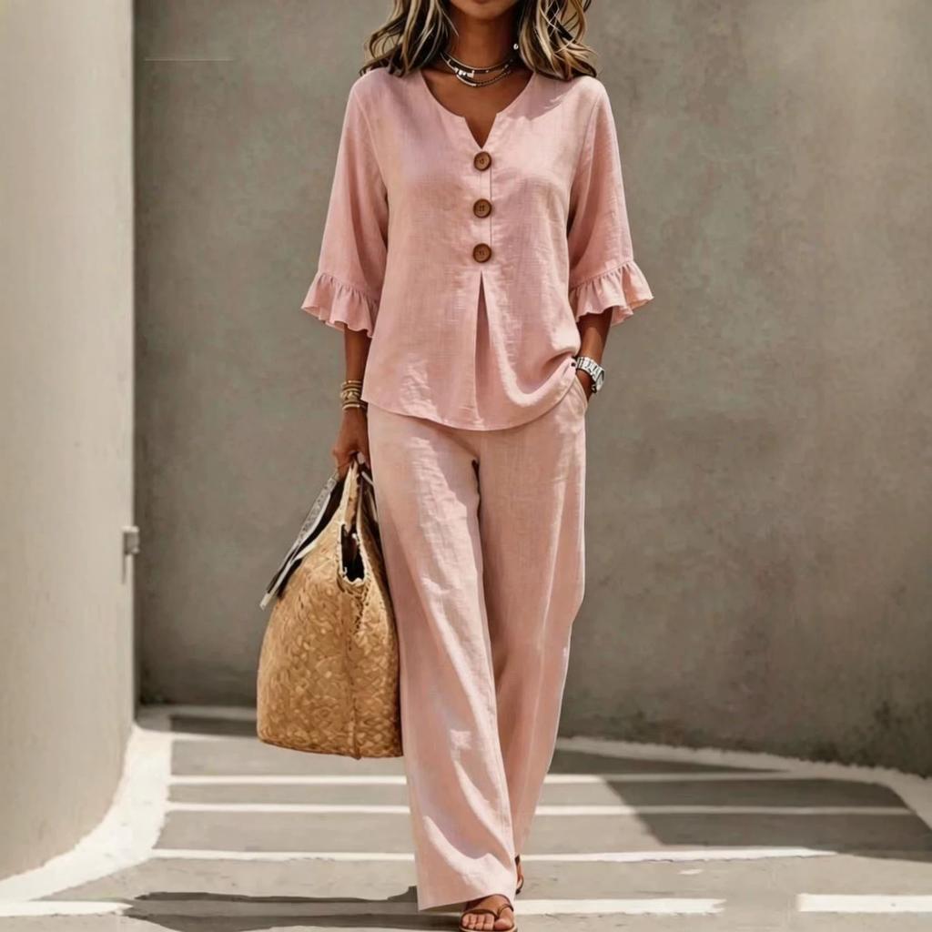 1116 European and American women's new casual button V-neck ruffle edge seven-quarter sleeve top and trousers