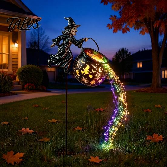 Glowing Yard Art for Halloween Witch Cauldron Light, Flying Silhouette Garden Stake with Colorful Metal Decor LED, Spooky Outdoor Decorative