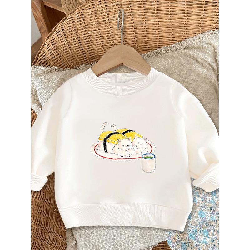 Sushi Cat Print 0-3 Years Girls Spring/Autumn Fun Style Long Sleeve Round Neck Sweatshirt 110 белый