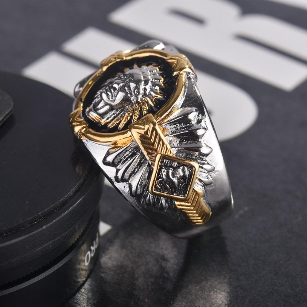 Viking Warrior Two Tone Ring Hip Hop Style with Indian Spirit Totem Black Resin Ring