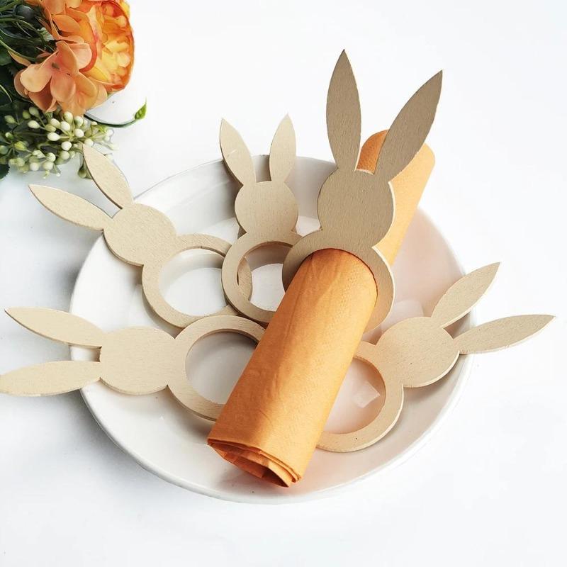 10Pcs/Pack Easter Napkin Ring Holders Rabbit Ears Wooden Napkin Stand Racks Easter Decoration Easter Party Table Supplies