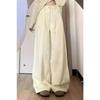 Women Spring Cream Bear Bow Embroidered High Waist Wide Leg Casual