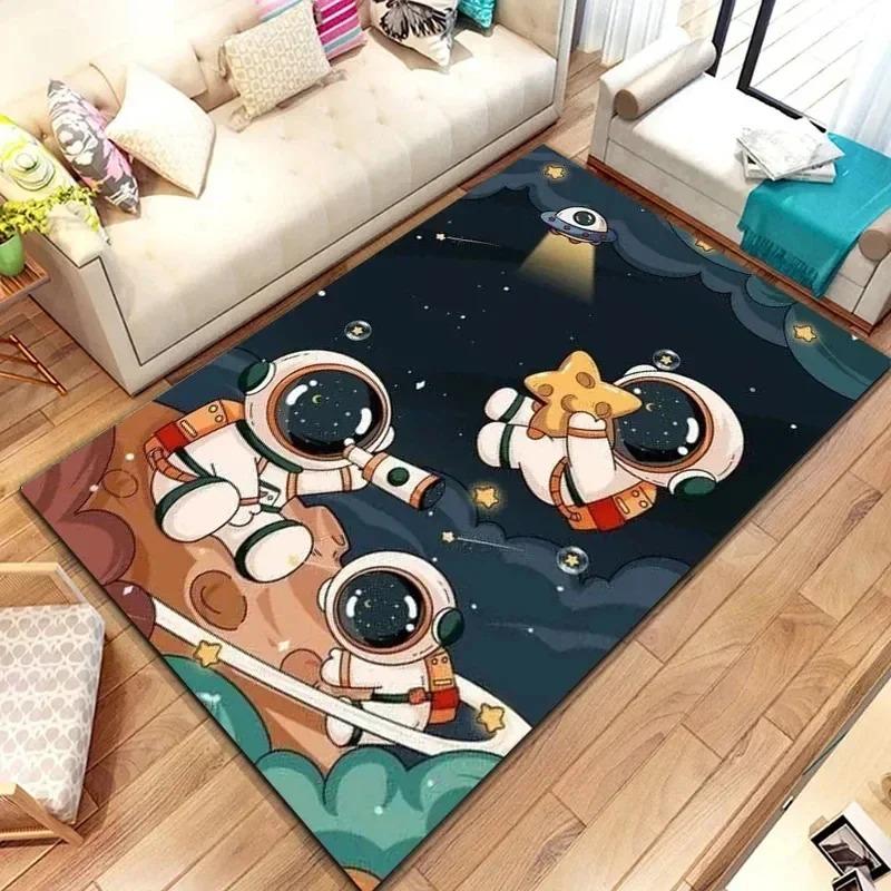 Cartoon Space Astronaut Carpet Planet Spaceman Travel In Space Print Rug for Boy Girl Bedroom Living Room Indoor Small Floor Mat