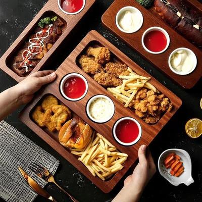 Rectangular Acacia Wood Appetizer Plate Serving Tray with 3 Round Bowls Platter