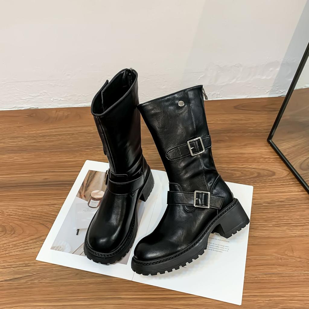 2025 winter new long tube but knee thick-soled knight boots Internet celebrity belt buckle cool women's boots retro Korean version boots