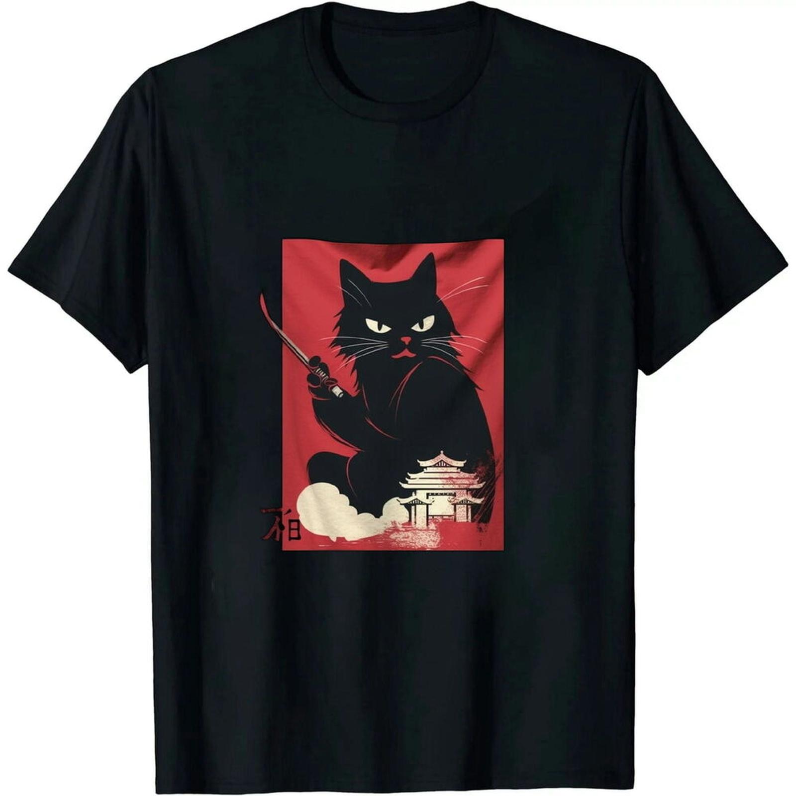 Black Cat Love Ramen Anime Japanese Red Sunset Retro T-Shirt S разноцветный