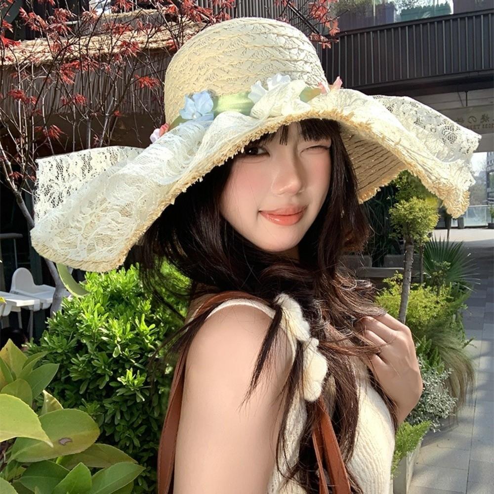 Big Brimmed Vacation Beach Cap Flower Woven Sun Cap Elegant Lafite Straw Hat  Summer