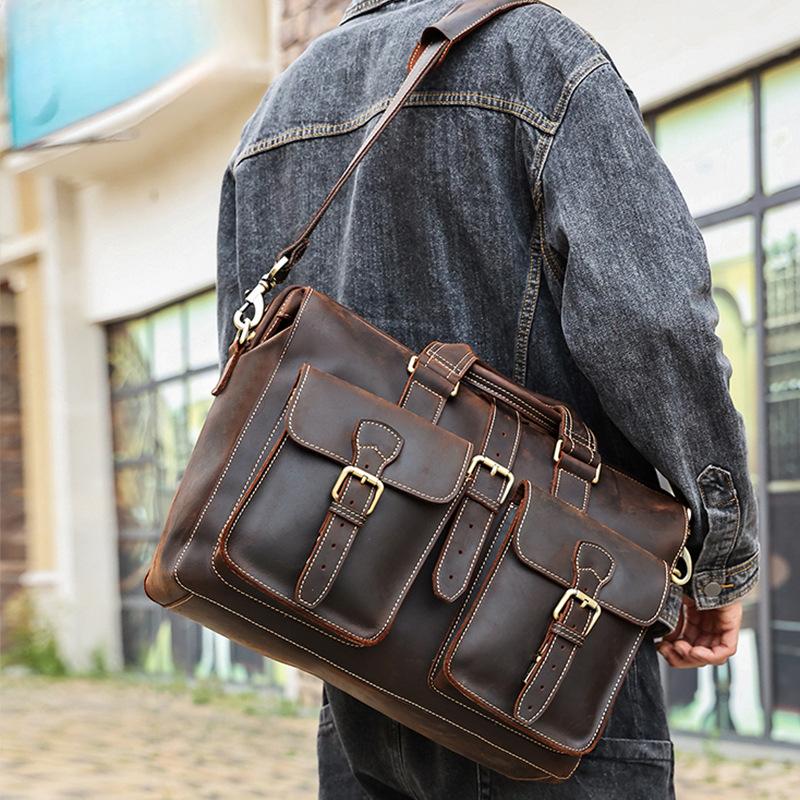 Genuine Leather Briefcase Men's Large Capacity One Shoulder Computer Bag Mad Horse Leather Vintage Hand-held Men's Business Bag