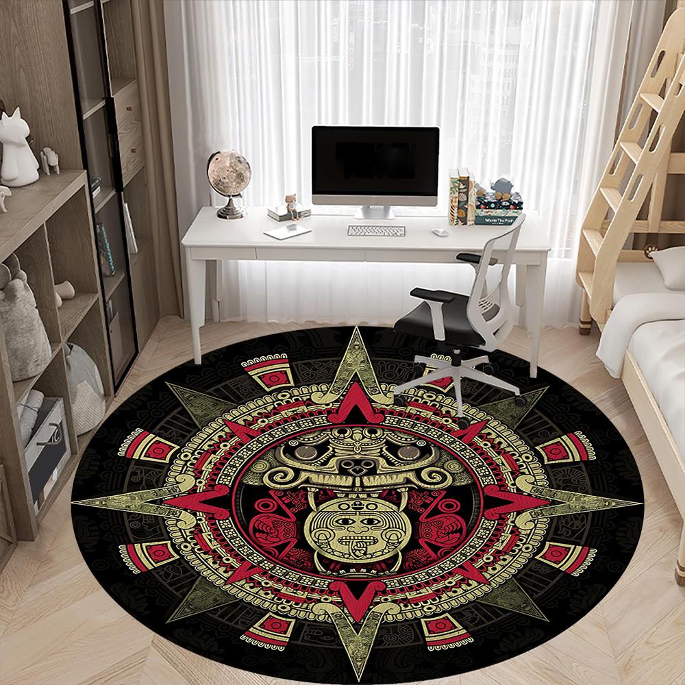 1PC Mayan Calendar Aztec Sun Office Round Area Rug, Mat Suitable For Office, Under Office Chairs Bedroom Living Room Home Decor, Room Deco