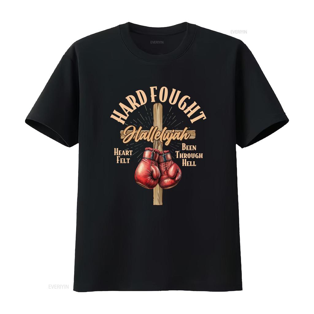 Vintage Christian Hard Fought Hallelujah Cross Boxing Gloves Print Casual T Shirt Vintage Washed Homme Comfortable Soft