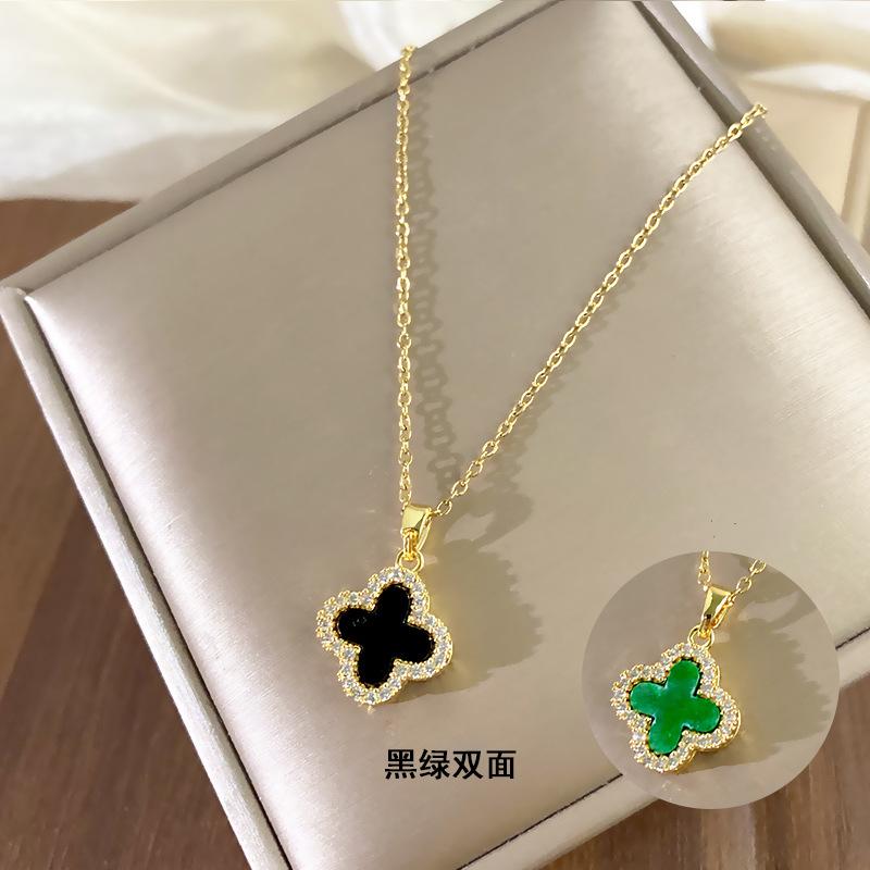 Titanium Steel Four-leaf Clover Full Diamond Necklace Women's Double-sided Design Flower Pendant High