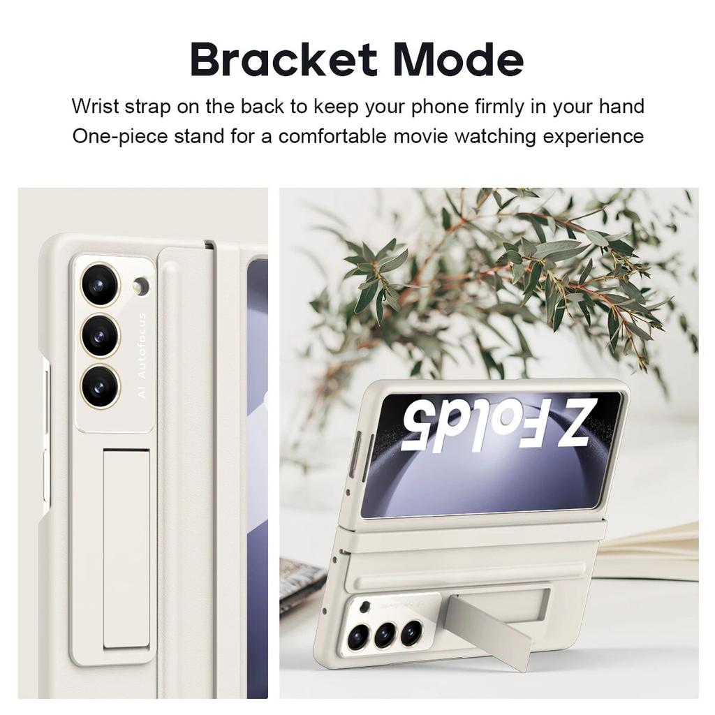 Luxury Leather with Holder Hinge Shockproof Case for Samsung Galaxy Z Fold 5 4 with Glass Screen Protector Cover