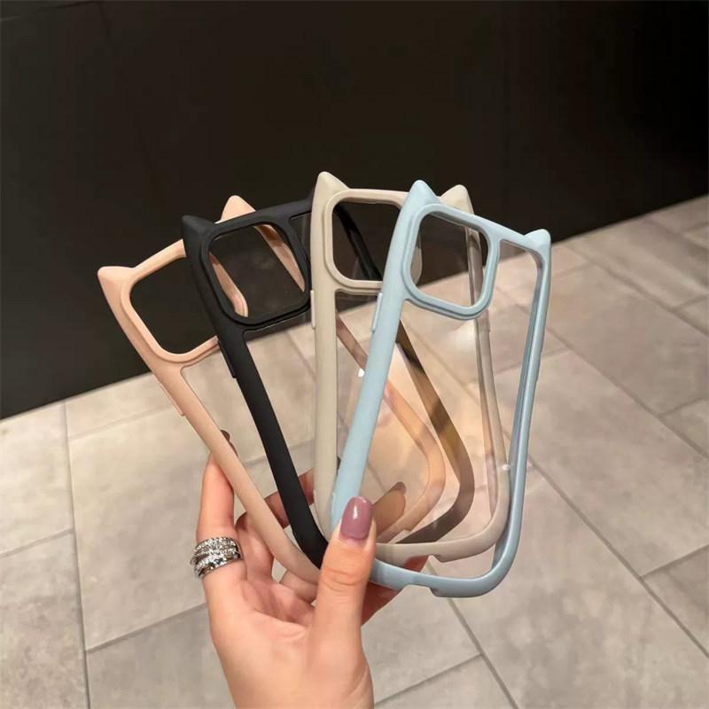 Cute 3D Cat Ear Transparent Phone Case For iPhone 17 Air 16 15 14 Plus 13 12 11 Pro Max Cartoon Lovely Shockproof Clear Cover