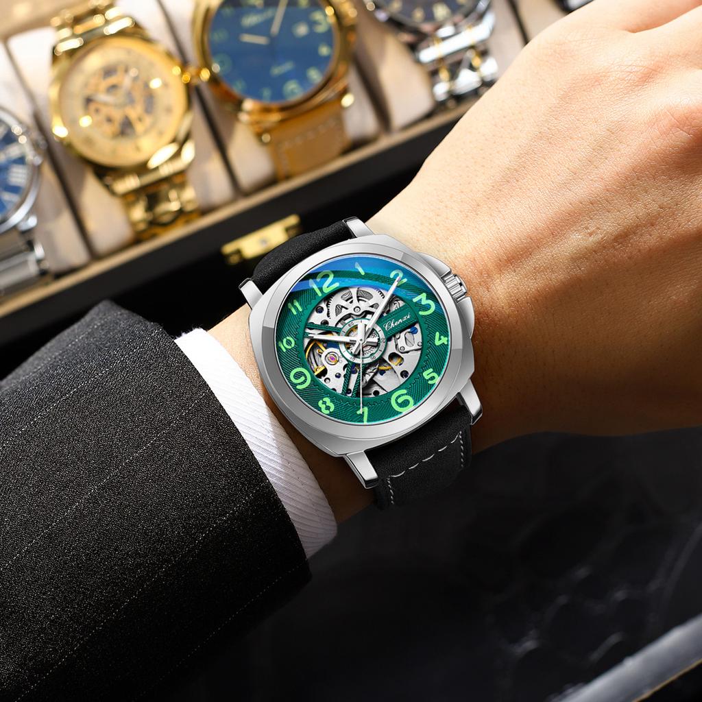 CHENXI Original Skeleton Mechanical Man Watches Luxury Men's Automatic Watch Leather Strap Fashion Business Wristwatch Gift