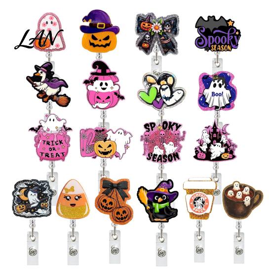 Teacher Badge Reel Retractable Holder, Halloween Glitter Acrylic Reel, Cute Ghost ID Card Pumpkin Holder for Nurse Doctor Worker