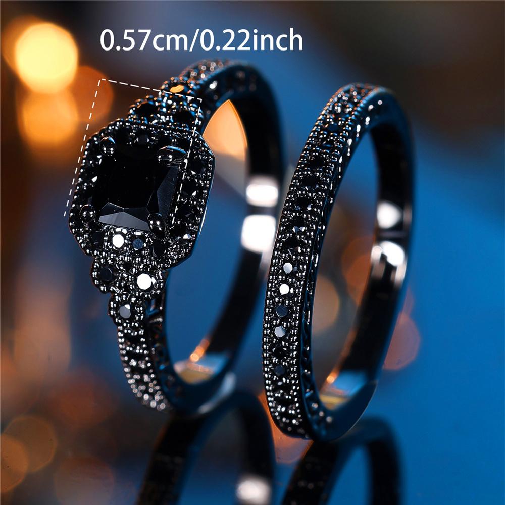 Crystal Female Black Zircon Square Stone Ring Set Fashion Vintage Black Gold Color Bridal Wedding Engagement Jewelry For Women
