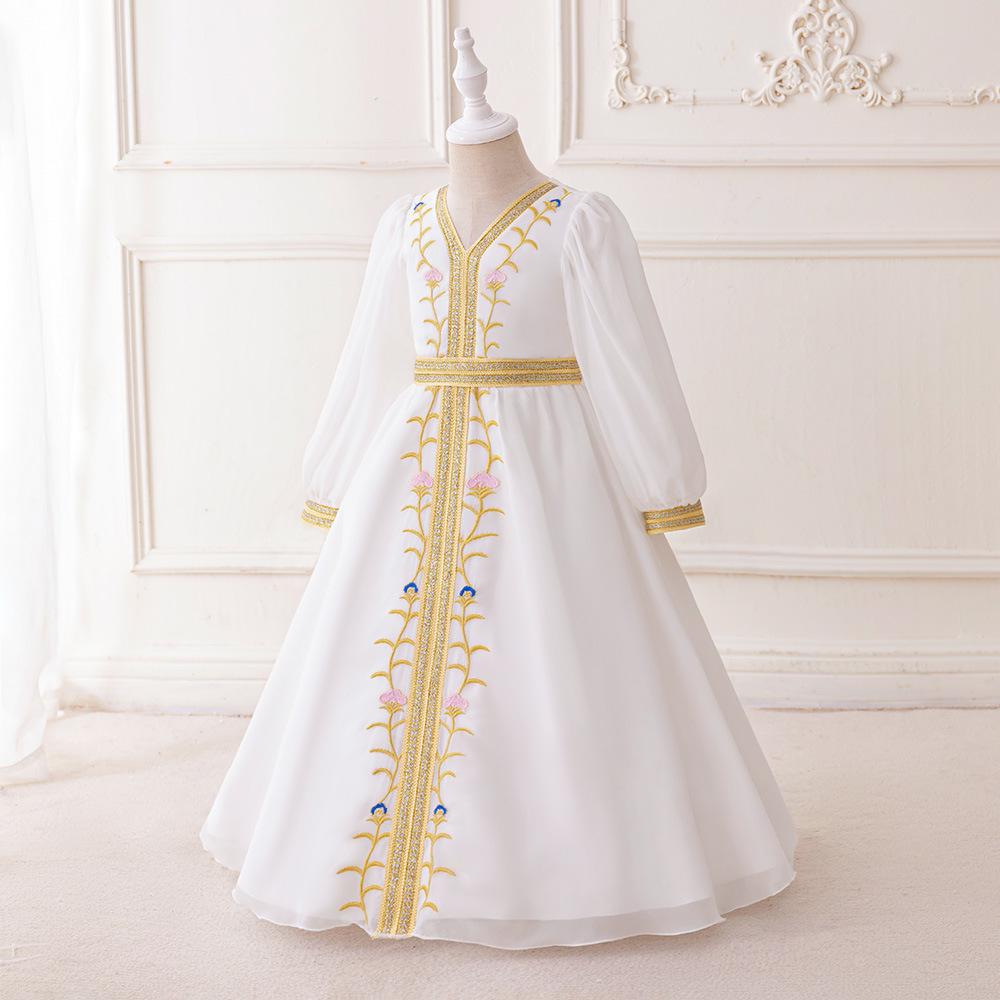 Middle Eastern Muslim Women's V-Neck Lantern Sleeve White Maxi Dress