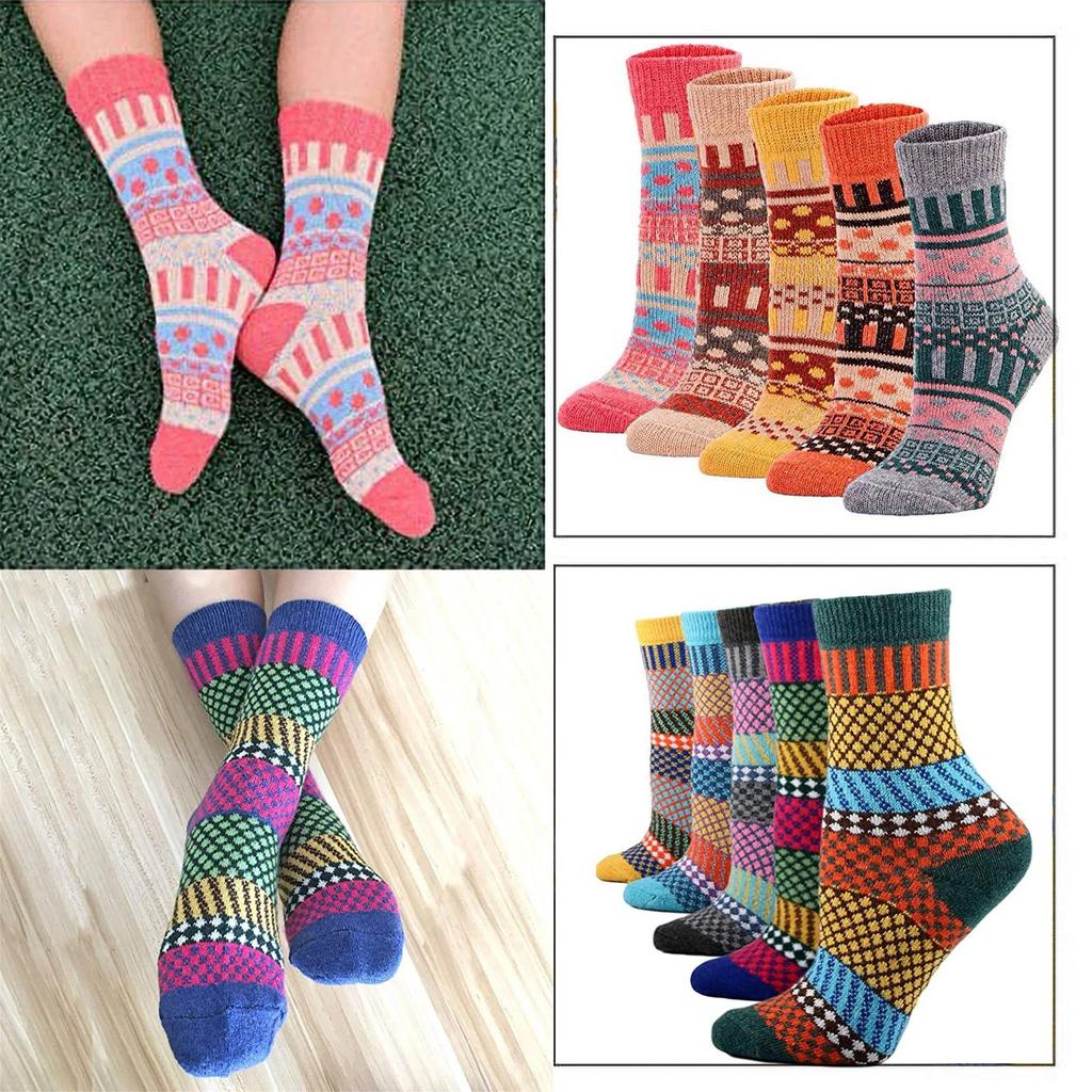 Womens Vintage Winter Soft Warm Thick Cold Knit Wool Socks Geometry Print