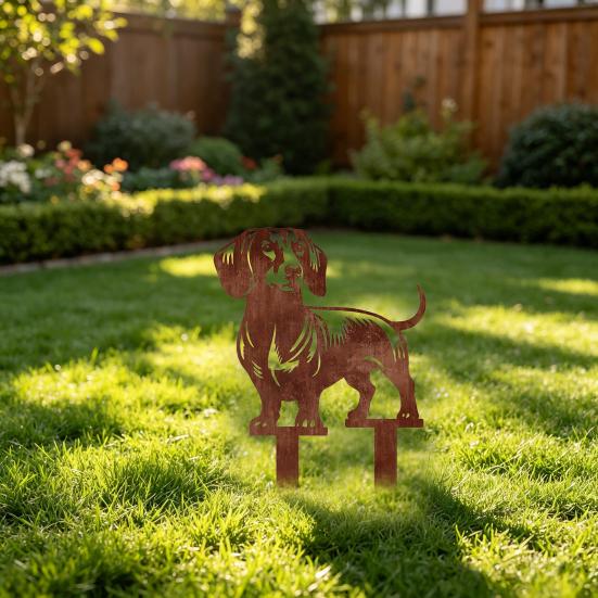 Süße Hund Blumenbeet Dekoration Metall Dackel Gartenstecker, Rostige Tier Silhouette Dekorativer Hof Wetterfester Pfahl Kunst für Draußen Rasen, Weg,