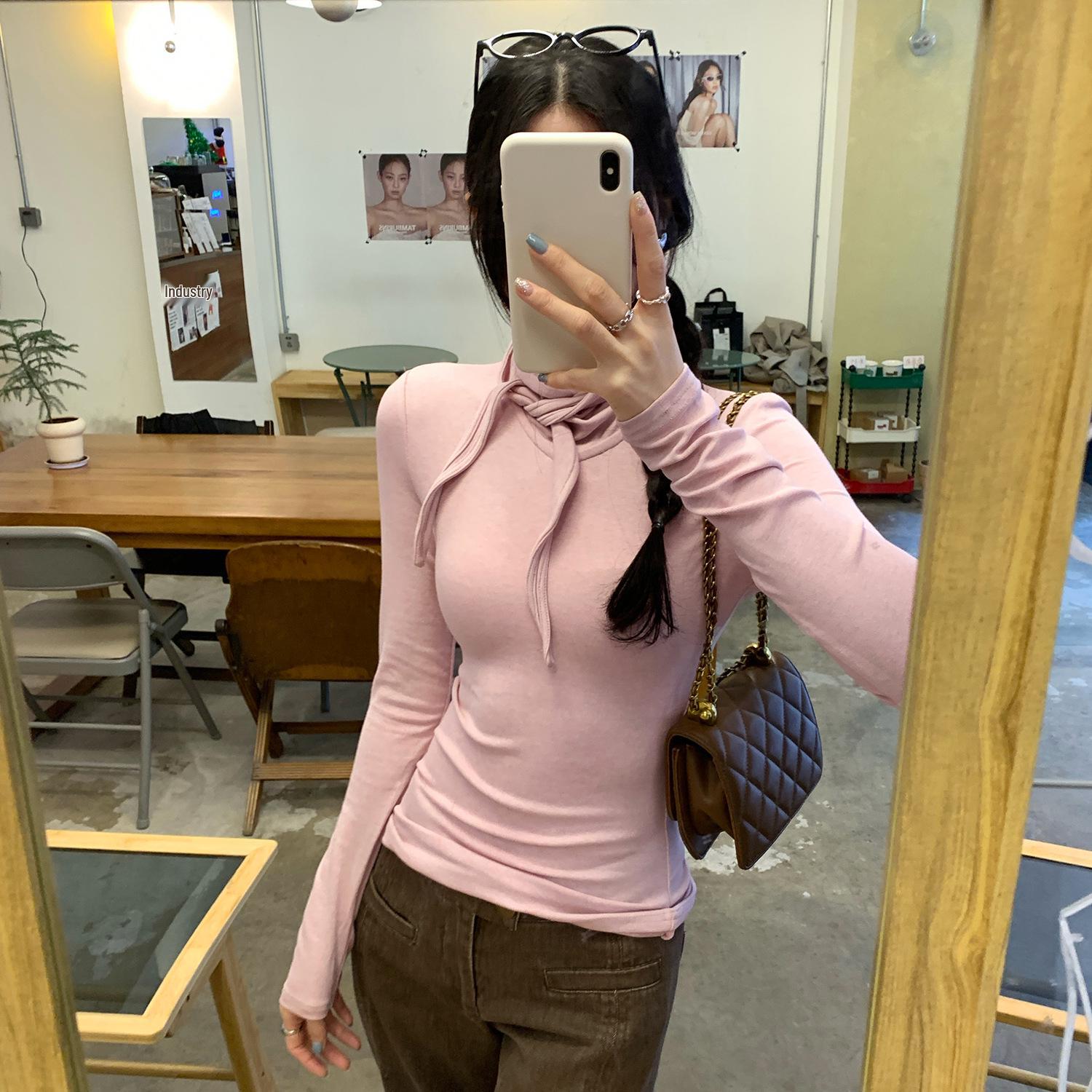 Women s 2025 Stylish Lace-Up Stacked Collar Long-Sleeve Innerwear Top - Super Good-Looking & Trendy T-Shirt Medium розовый
