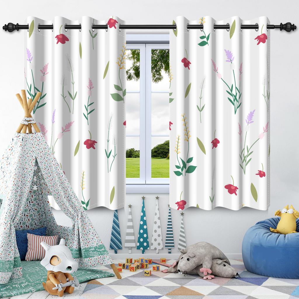 Wildflowers Floral Green Plants Window Curtains Blackout Washable Polyester Fabric Bedroom Living Room Home Decor Curtain 2 Pcs