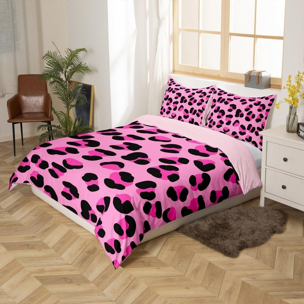 Pink Black Leopard Print Bedding Set Single Size Cheetah Animal Theme Duvet Cover With 1 Pillowcase For Kids Teens