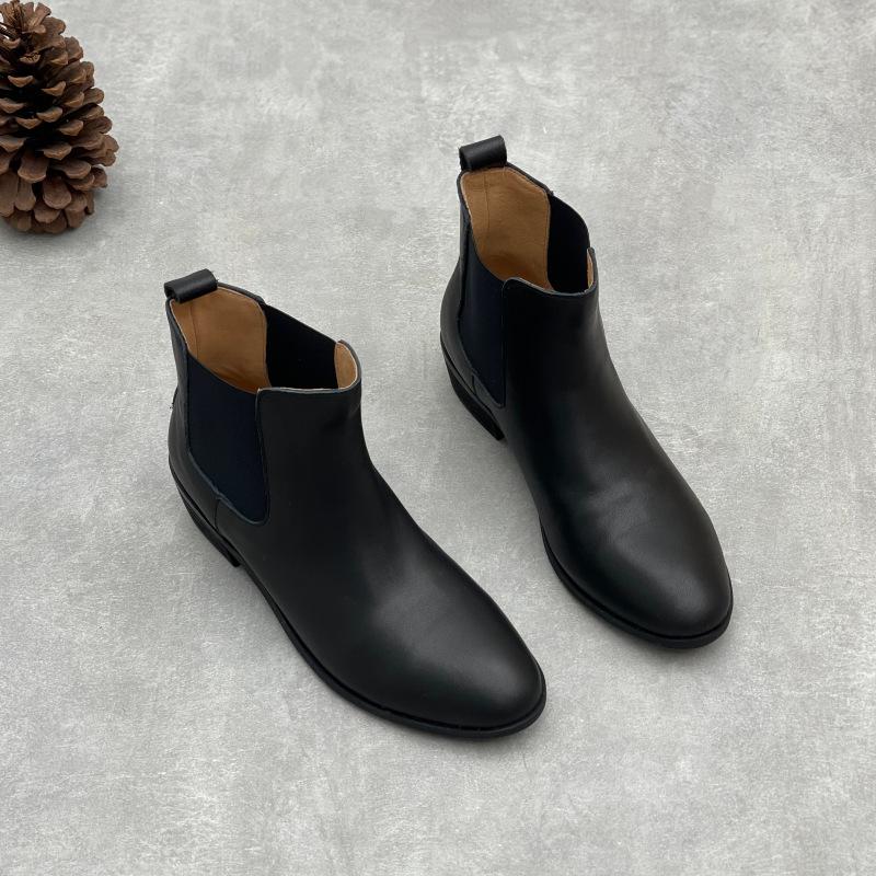 Johnature Handmade Genuine Leather Short Boots Retro Cowhide Versatile Pointed Toe Thick Heel Women's Boots