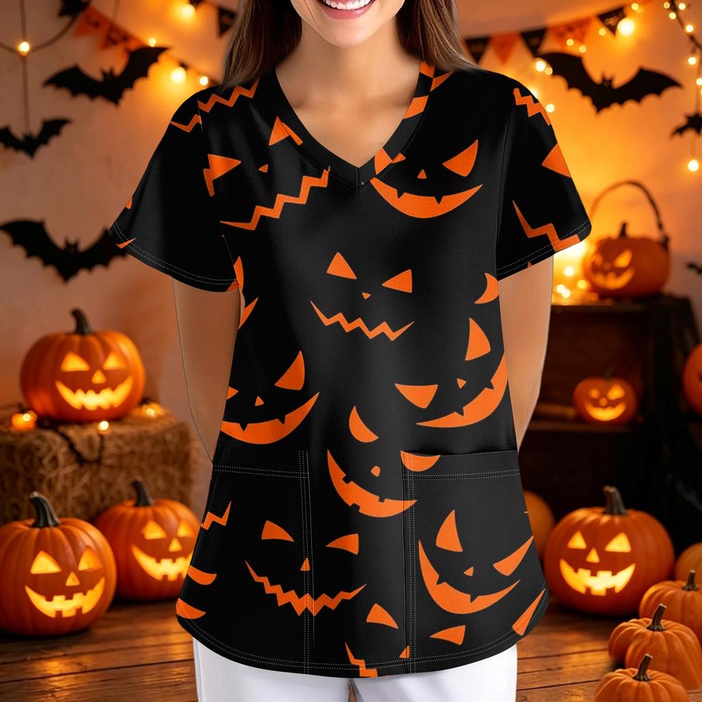 Women V Neck Loose Fit Printed Short Sleeve Top with Pockets Halloween Themed Bat and Cloud Pattern Comfortable Scrub Shirt