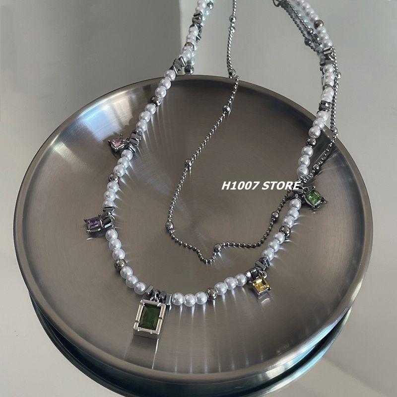 

Gem Boys Fashion Rap Women Sweater Chain Pearl Double Layer Pearl Chain Gemstone Chain