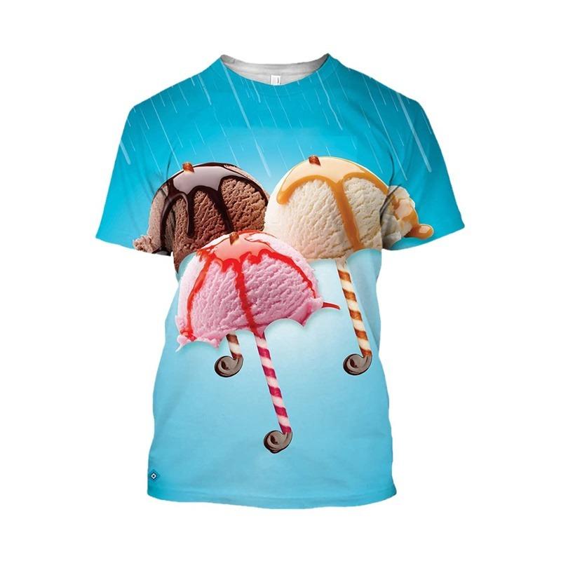Eis 3D-Druck T-Shirt Herren Erdbeer Schokolade Grafik T-Shirt Unisex Lustig Essen Lässig Kurzarm Oberteile Cartoon T-Shirt