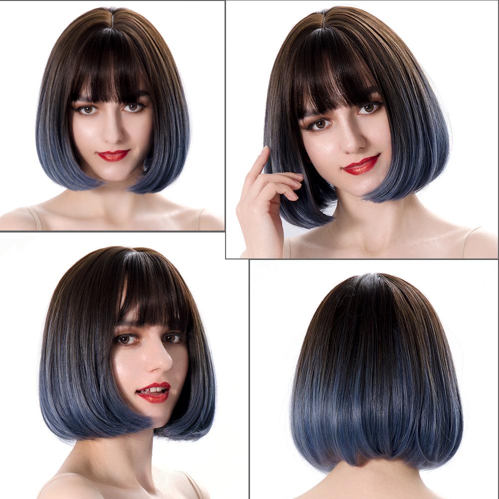 Bob Wig Straight Short Black To Blue Ombre Daily Synthetic Wigs For Women With Bangs Nutural  Heat Resistant Fiber Cosplay Hair