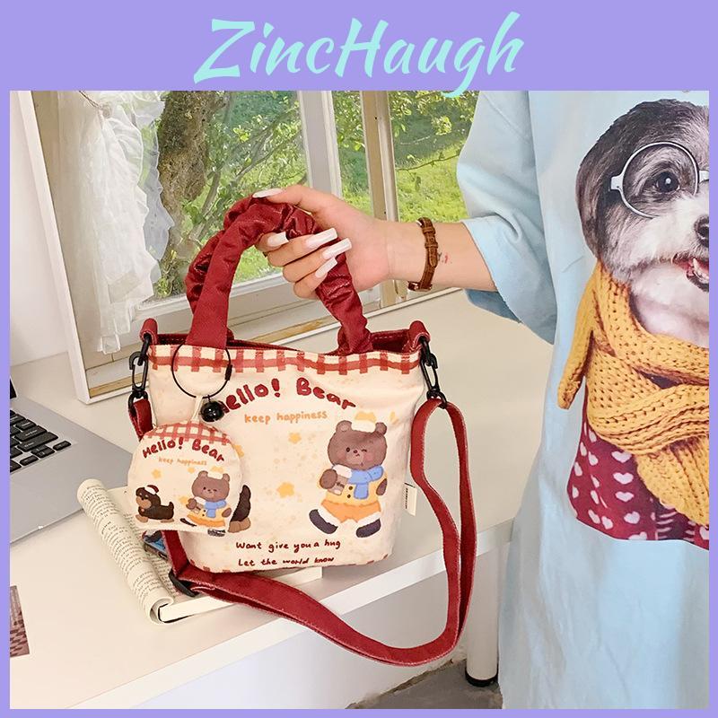 Canvas Cartoon Cat And Bear Print Bucket Bag With Zipper Inner Pocket For Daily Outings