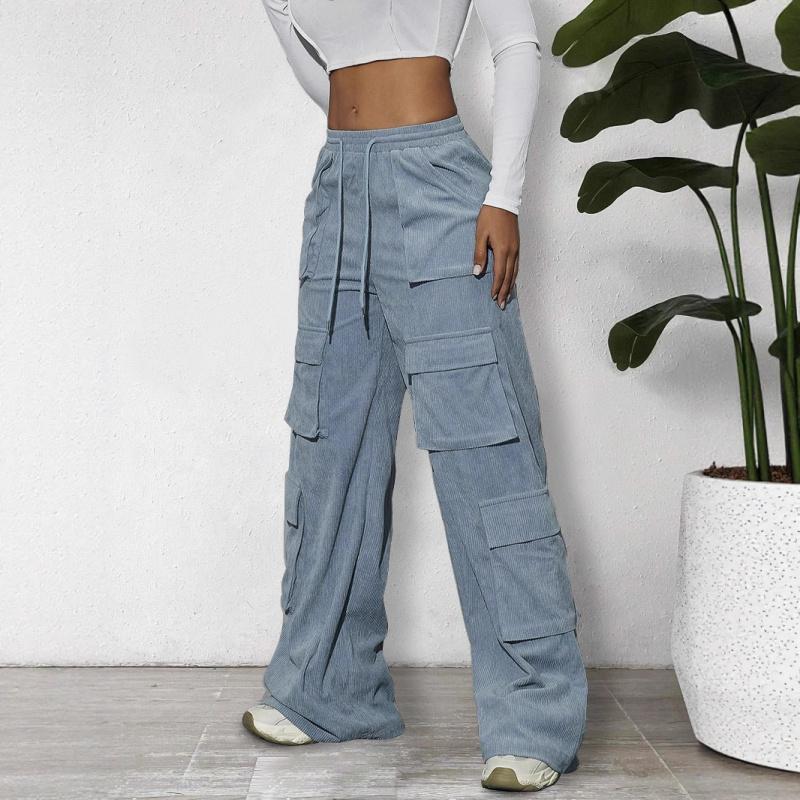 Women's Cargo Pants Spring/Summer New Wide-Leg Pants Casual Simple Tie-Waist Multi-Pocket Long Pants