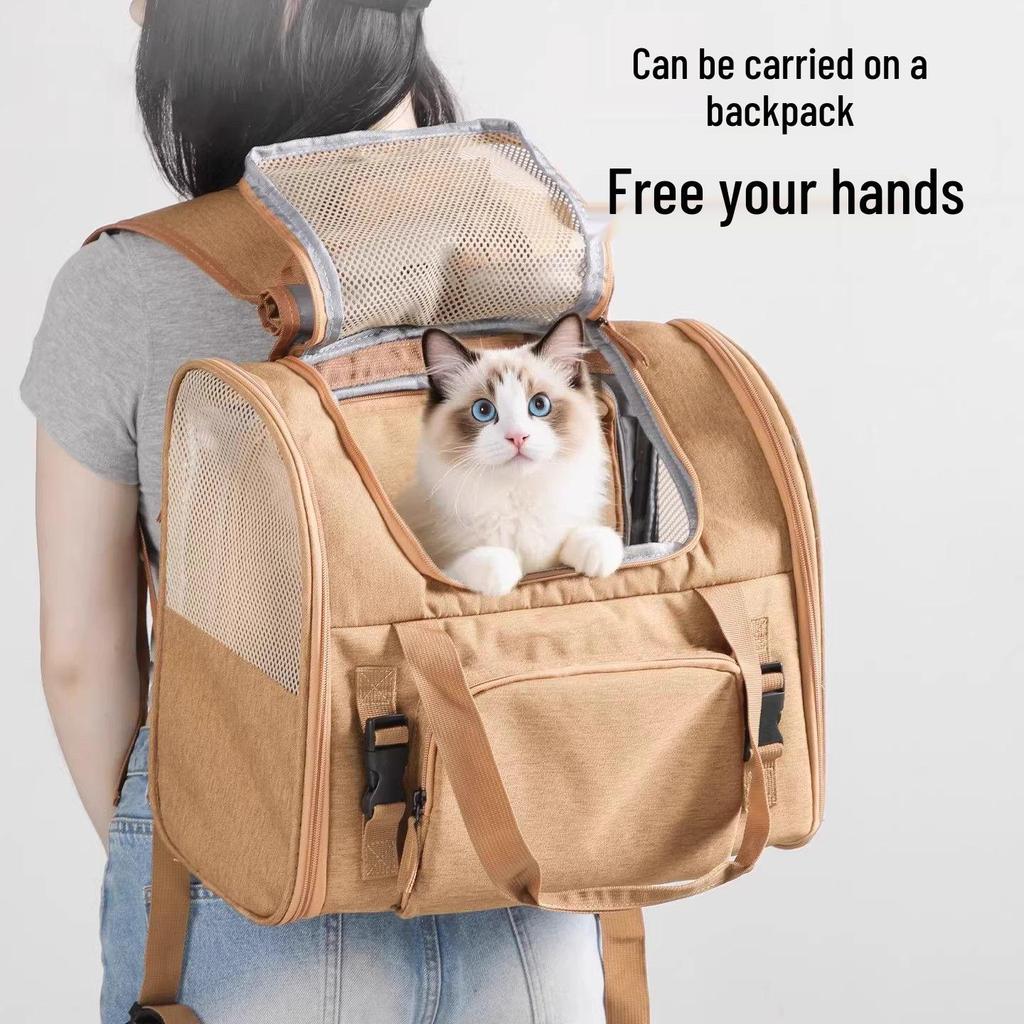 Expandable Breathable Pet Backpack: Large Capacity, Double Shoulder & Handheld for Dogs and Cats