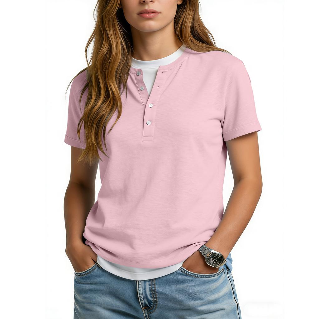 Women's Casual Color V,neck Short,sleeved T,shirt With Decorative Buttons.