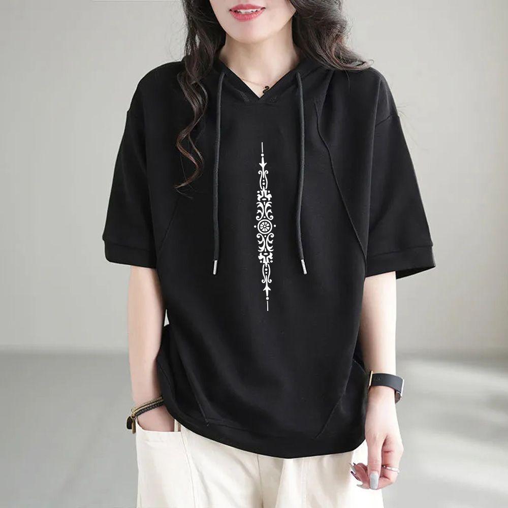 Literarische T-Shirts für Damen Mit Kapuze Bedruckte Oberteile Oversize Lässig Locker Koreanischer Stil Halbarm Retro Ästhetik Kleidung Trend
