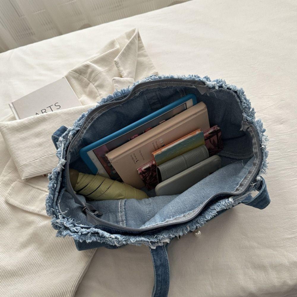 Fashion Korean Style Denim Shoulder Bag Simple Solid Color Underarm Packs PU Leather Large Capacity Canvas Tote Bag Women