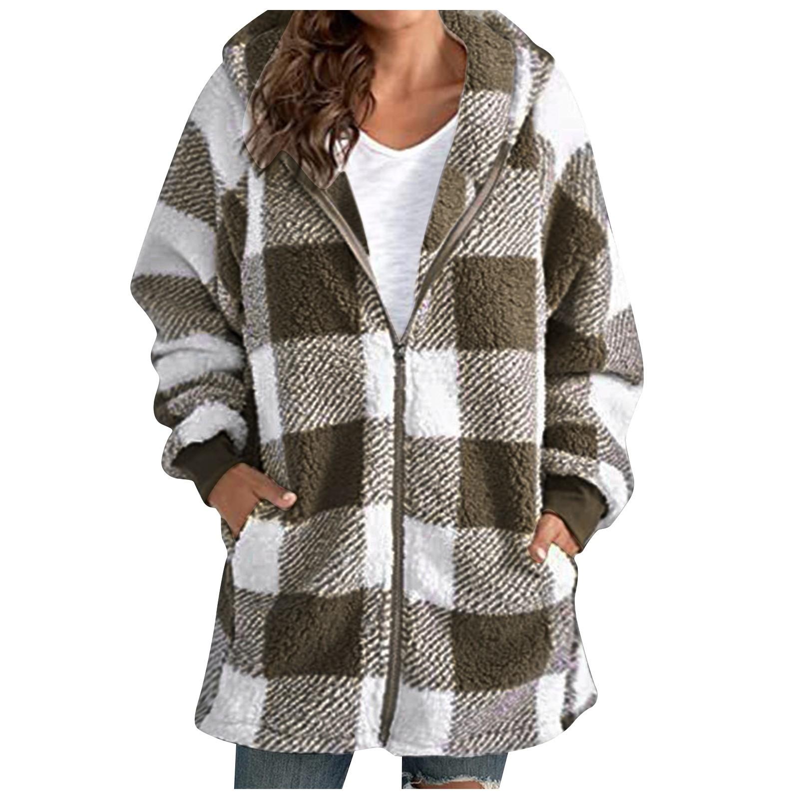 

Women s Casual Plush Long Sleeve Plaid Hooded Zipper With Pocket Loose Coat XXL хакі