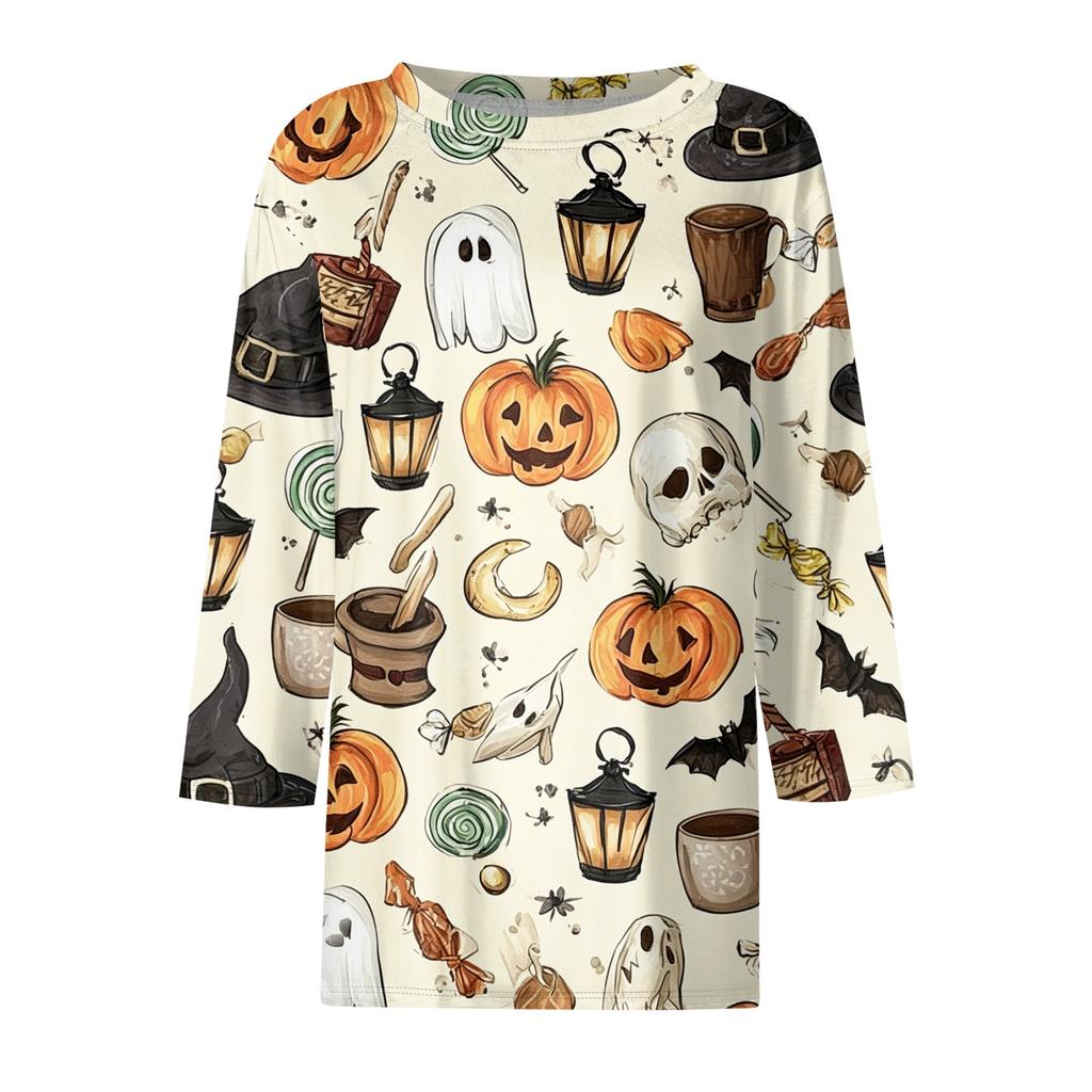 Women 3/4 Sleeve Casual Loose Fit Round Neck Shirt Halloween Bat Print Lightweight Pullover Top for Everyday Wear