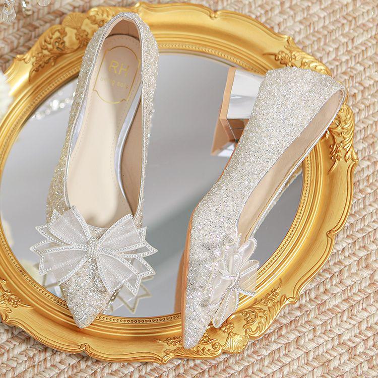 Comfortable Chunky Heel Bridal Shoes: Mid-Heel Crystal Wedding Shoes for Pregnant Brides