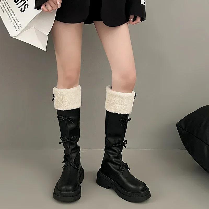 Fashion Women's Shoes 2024 Knee-High Women's Boots Platform Modern Boots Women Back Zip Bow Tie Round Toe Med Heel Warm Ladies Shoes